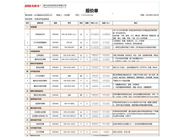 標準的機房動環監控系統報價清單配置表